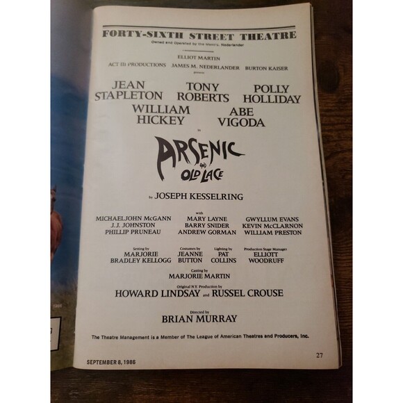 Playbill Arsenic and Old Lace, 46th Street Theatre Sept 1986 Jean Stapleton - Picture 3 of 4